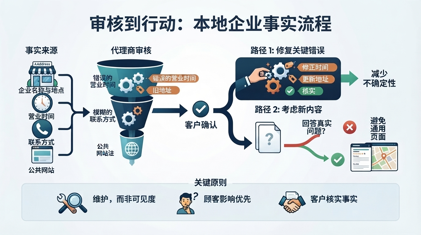 「代理商的本地 GEO 实务：哪些企业信息要保持准确，才能应对 AI 搜索？」的概念示意图：内容还是信息修正，其实是先后顺序的决定。