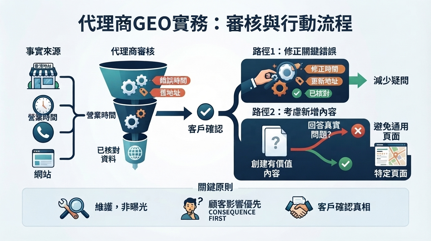 「代理商的本地 GEO 實務：哪些企業資料要保持準確，才能應對 AI 搜尋？」的概念示意圖：內容還是資料修正，其實是先後次序的決定。