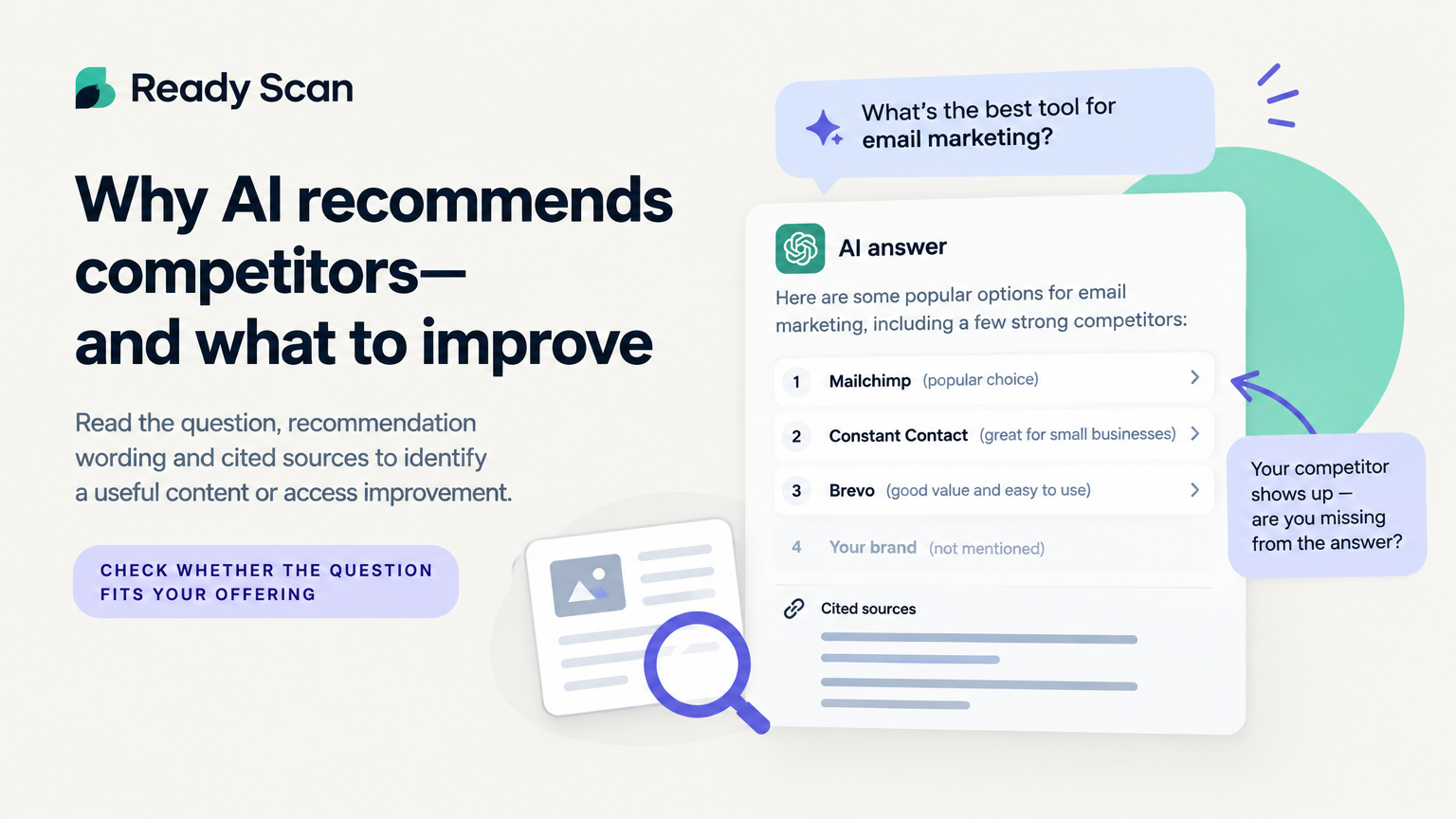 Conceptual illustration for Why AI recommends competitors—and what to improve: Check whether the question fits your offering.